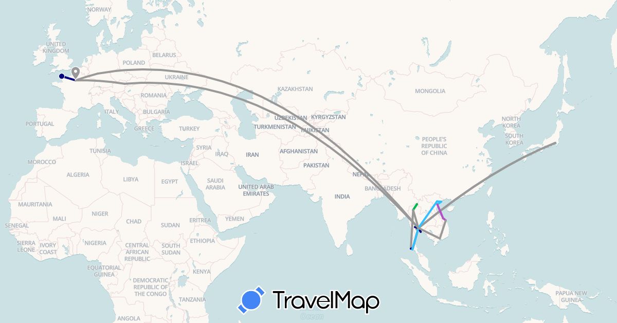 TravelMap itinerary: driving, bus, plane, train, boat in Austria, Germany, France, Japan, Laos, Thailand, Vietnam (Asia, Europe)